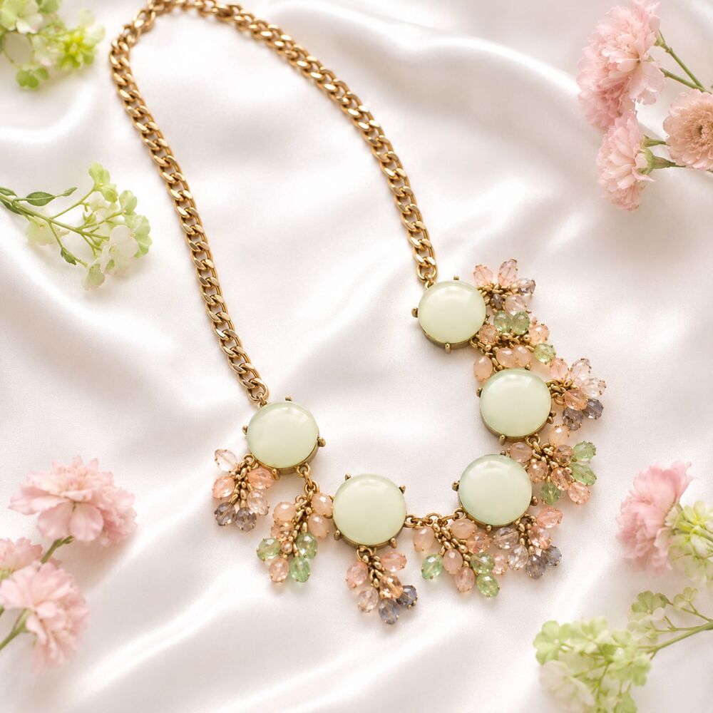 Gold Tone Pale Green and Pink Beaded Statement Necklace